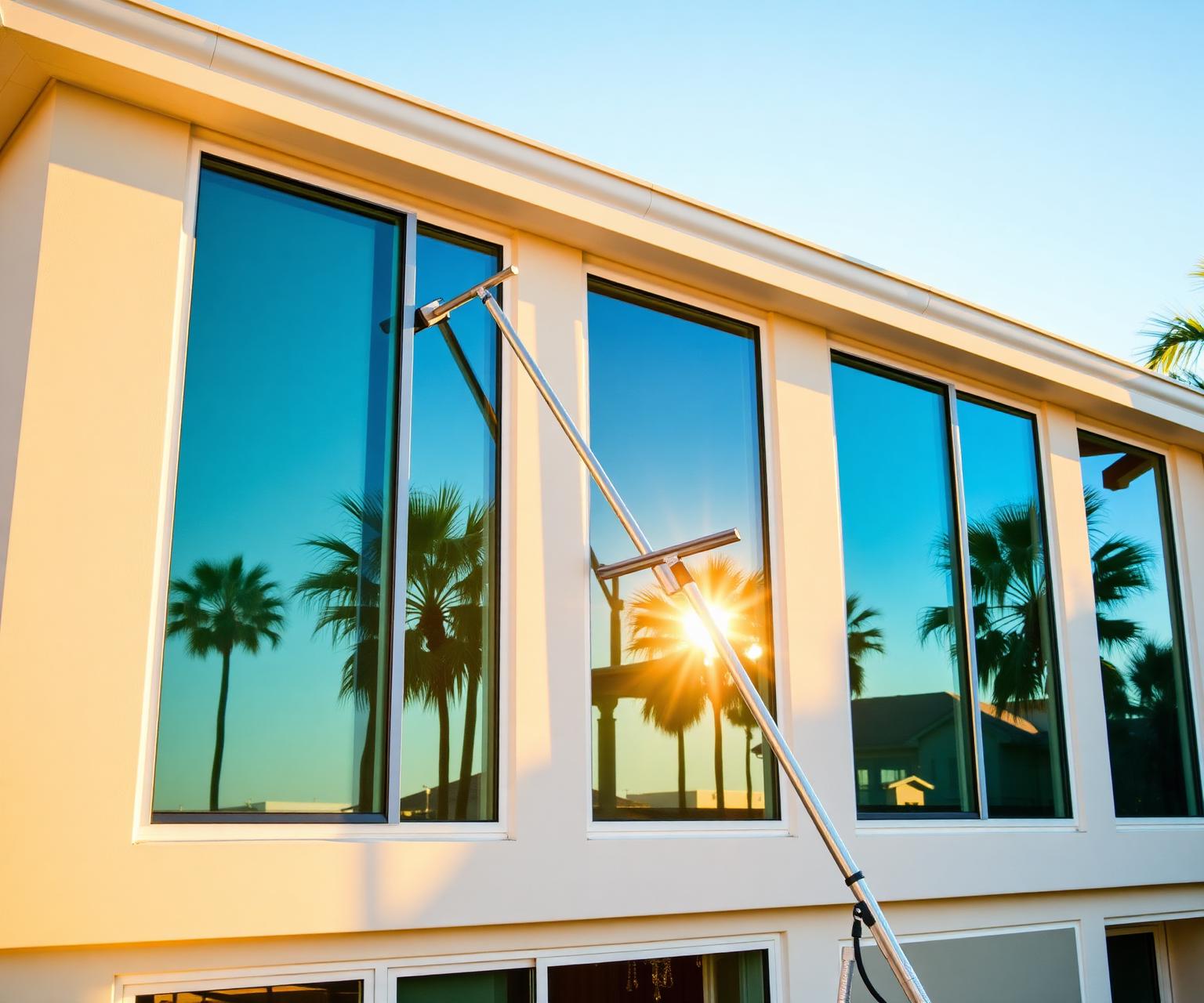 Professional window cleaning on a Southern California home at sunset